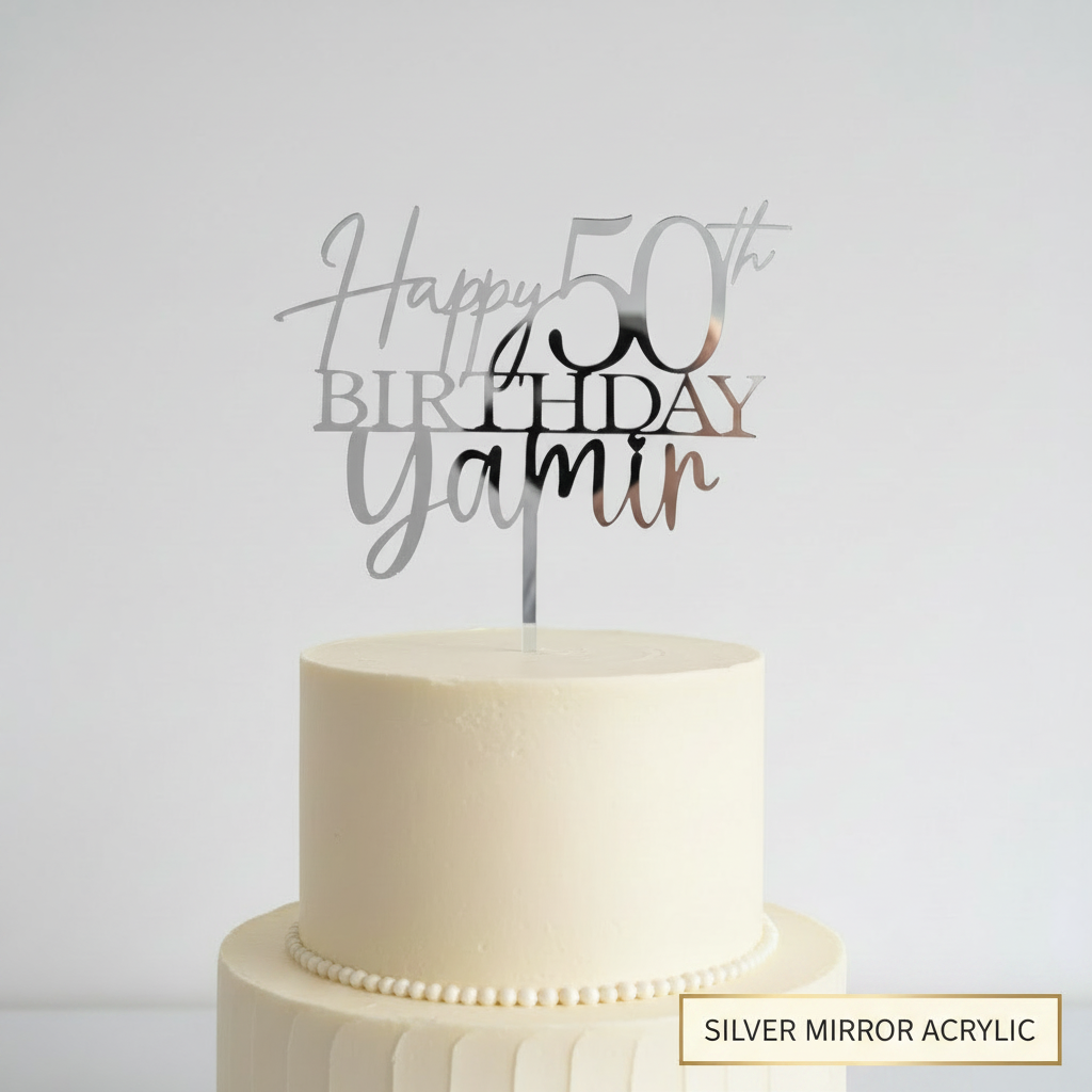 Personalized laser cut cake topper in metallic silver