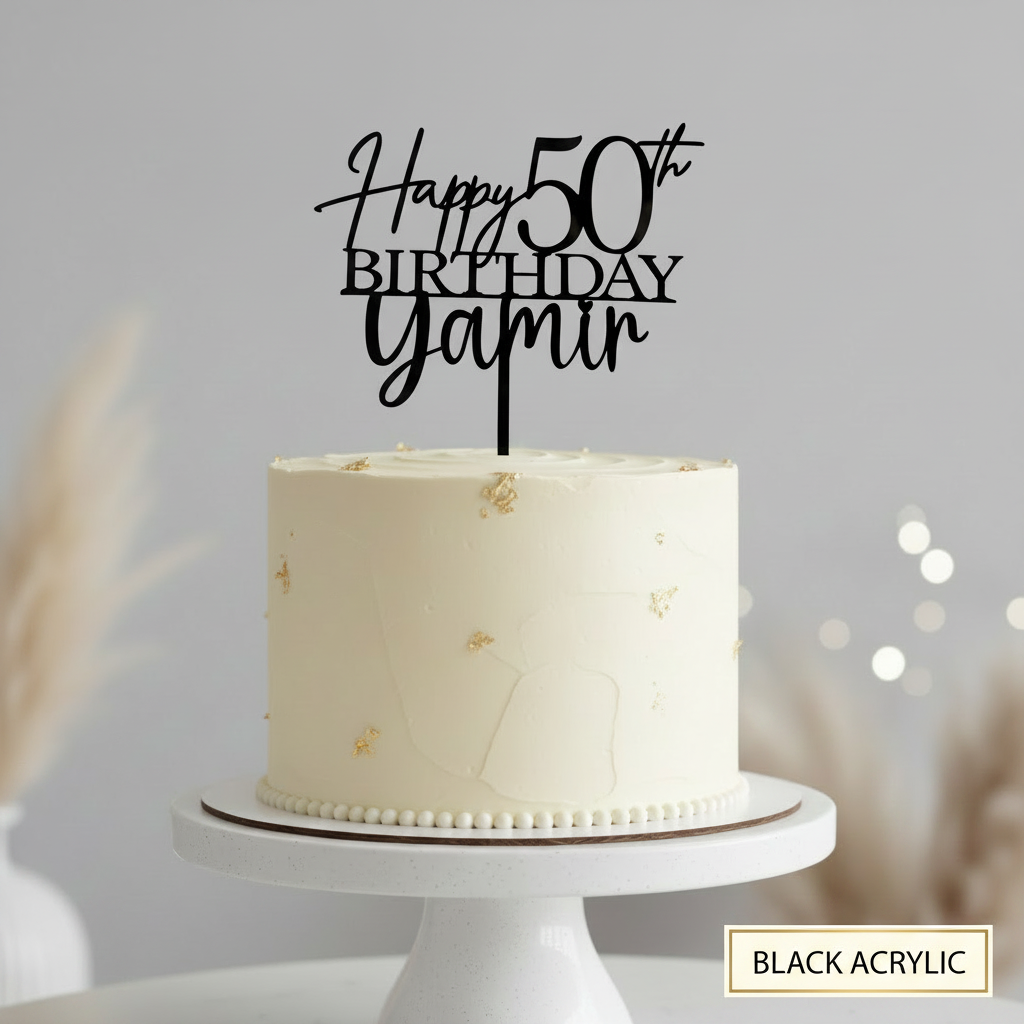 Personalized laser cut cake topper in black acrylic