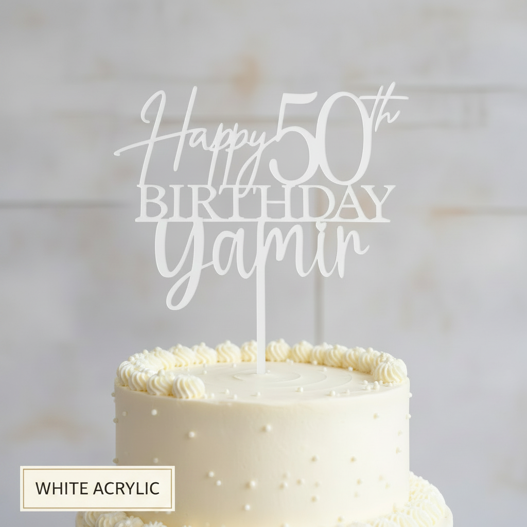 Personalized laser cut cake topper in white acrylic