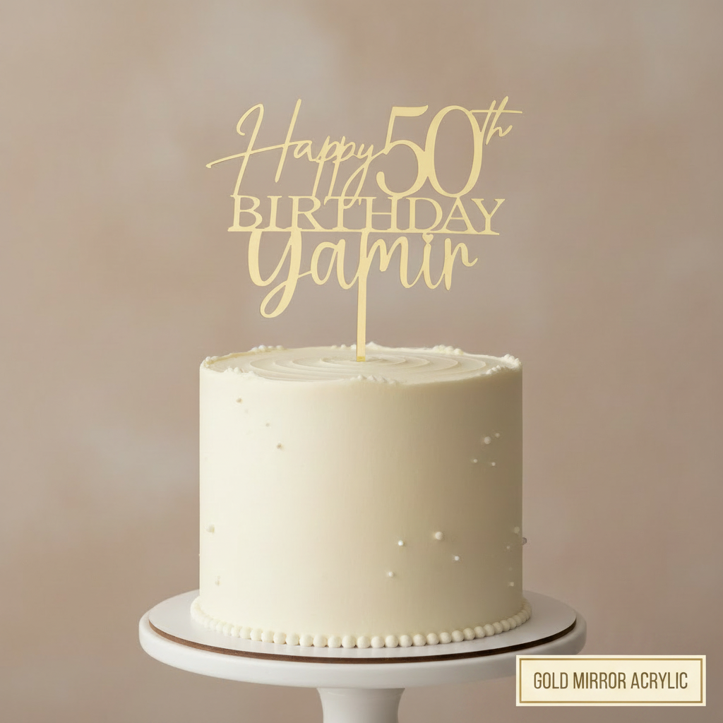Personalized laser cut cake topper in metallic gold