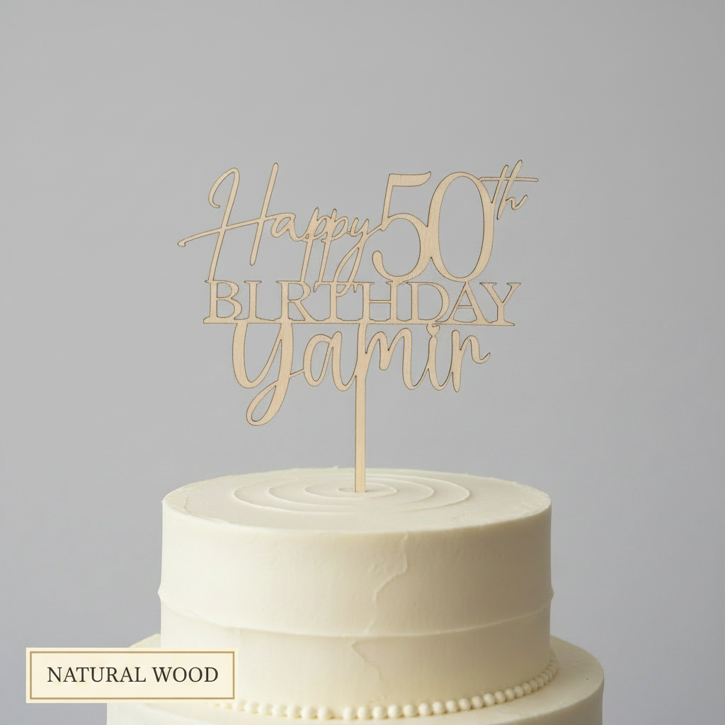 Personalized laser cut cake topper in natural alder wood