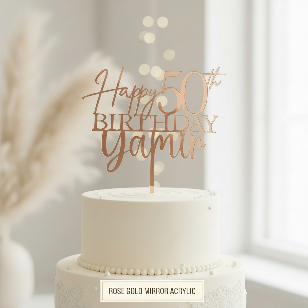 Personalized laser cut cake topper in rose gold